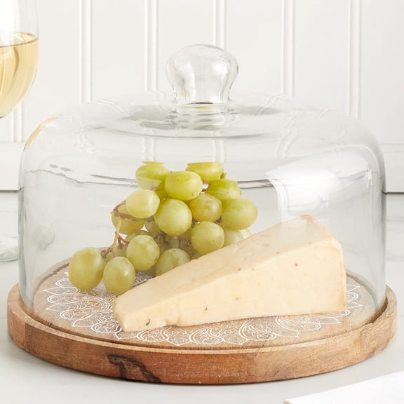 Acacia Wood Cake Stand with Glass Dome