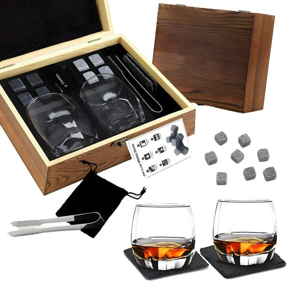 Glass Set with Stainless Steel Ice Stones for Home Bars and Living Rooms for Enthusiasts with Elegant Wooden