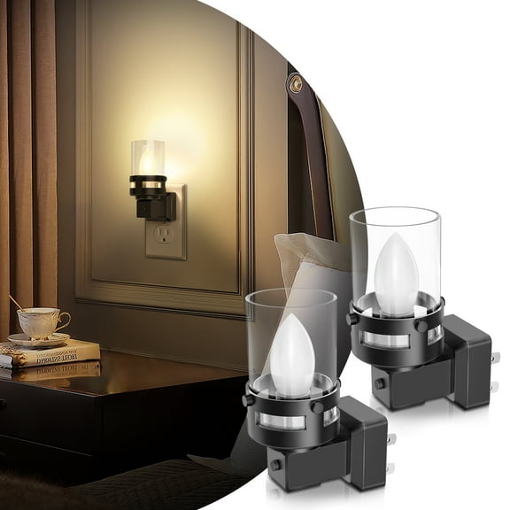 Glass Shade Night Light Dusk to Dawn Night Lamps Dimmable LED Night Lights, Plug-In, 2-Pack with Candle Design
