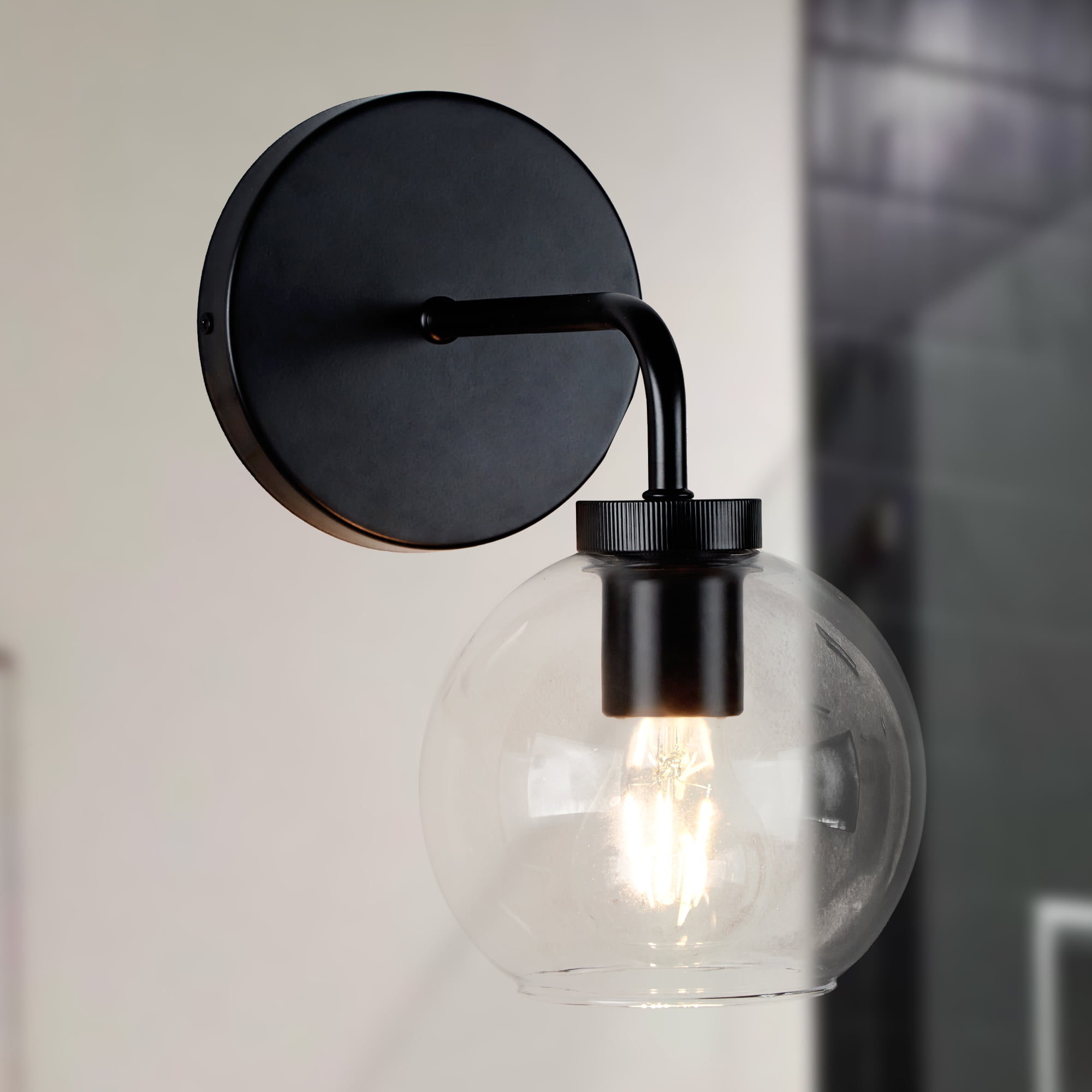 Glass Shade Single Head Wall Light Round with Black Modern Outdoor Indoor Sconce for Bed&Livingroom