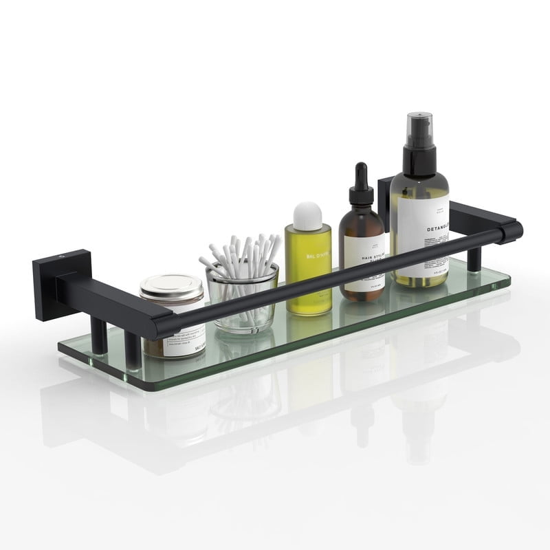 Glass Shelf 16IN for Bathroom Black Rectangular Stainless Steel Tempered Glass Modern Wall Mount Shelf Sink Over Toilet Bathroom Organizer (Matte Black, 16‘’)