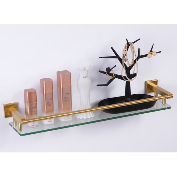 Glass Shelf for Bathroom 24 inch Rectangular Stainless Steel Wall Sheves Tempered Glass Modern Stainless Steel Wall Mount Accessories Organizers Storage (Brushed Gold)