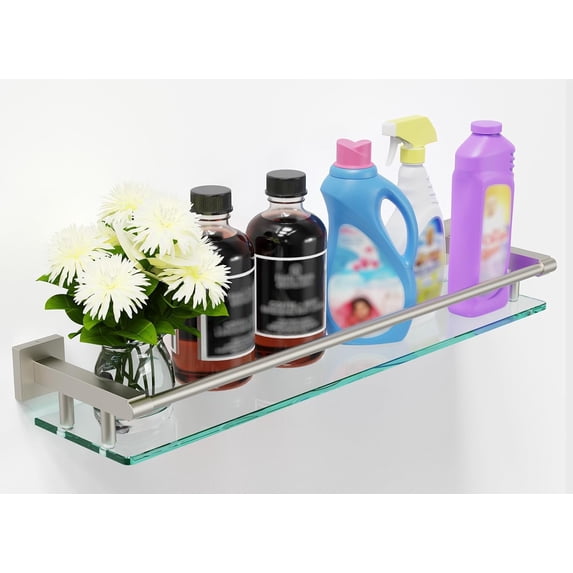 Glass Shelf for Bathroom Wall Sheves 24 inch Rectangular Stainless Steel Tempered Glass Modern Stainless Steel Wall Mount Accessories Organizers Storage (Brushed Nickel, 24‘’)