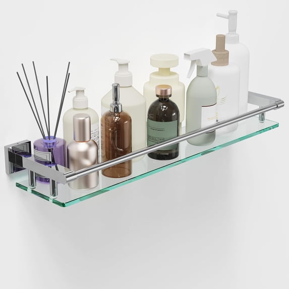 Glass Shelf for Bathroom Wall Sheves 24 inches Rectangular Stainless Steel Tempered Glass Modern Wall Mount Accessories Organizers Storage (Chrome Polished, 24‘’)