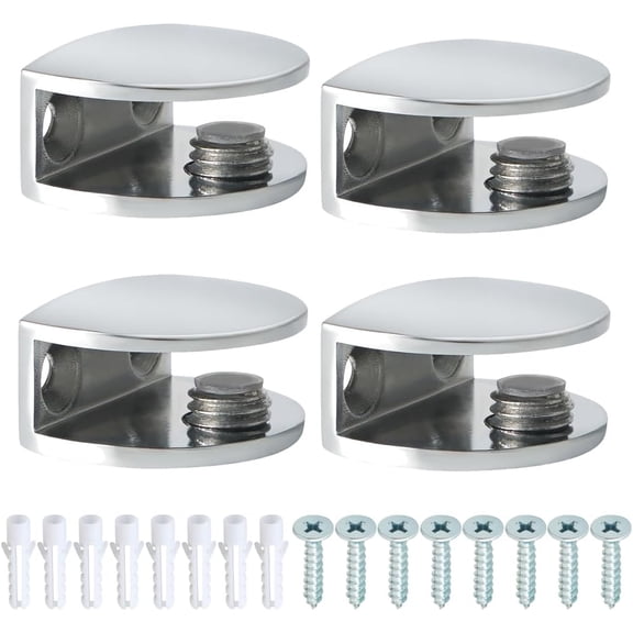 Glass Shelf Bracket Adjustable Shower Brackets,Heavy Duty Rectangle Clamp Holder for 6-10mm Glass Shelves,Wall Mount Clamps Clip Support Hardware Replacement Parts,Polished Chrome 4 Pcs