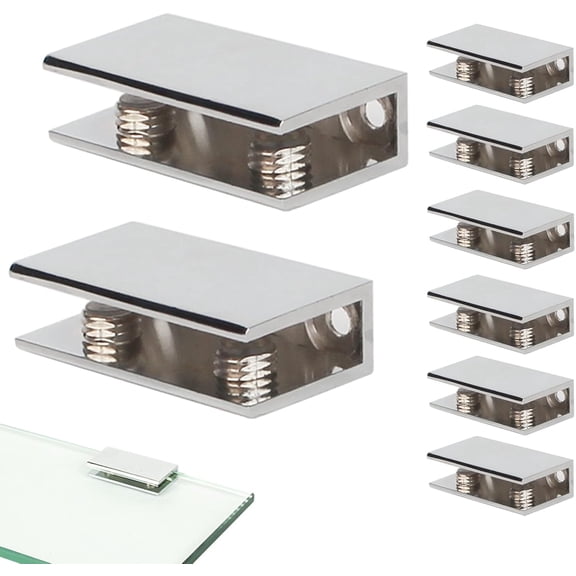 Glass Shelf Brackets Zinc Alloy Glass Clamps for (3/8 Inch 8Pcs) | Solid zinc alloy anti-rust structure, glossy polished chrome finish, secure support for 3/8 inch thick glass shelves