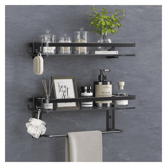 Glass Shelf for Bathroom 15.7 in Bathroom Shelves with Towel Bar Tempered Glass Shelves for Wall(2 Tier)