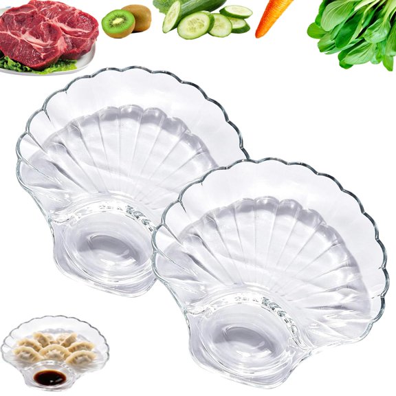 Glass Shell Dumpling Plate with Sauce Dish, Decorative Glass Serving Tray for Dumplings, Sushi, Snacks, Fruit and Desserts
