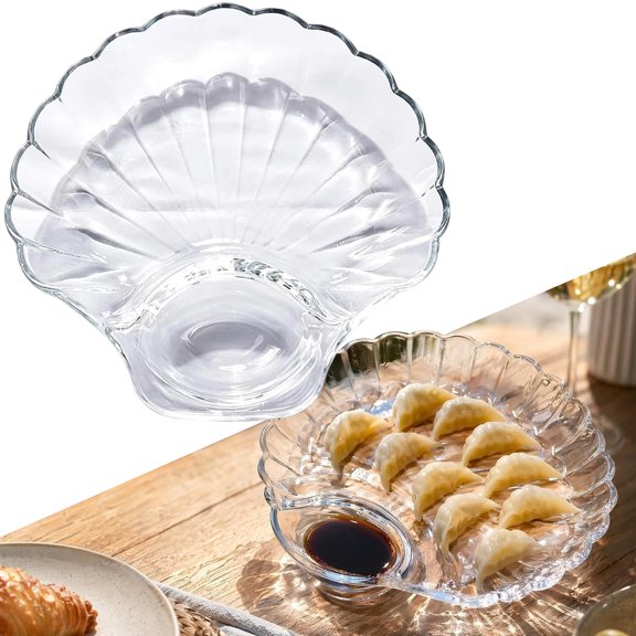 Glass Shell Dumpling Tray, Clear Glass Serving Plate & Sauce Dish Design for Dumplings, Dim Sum, Snacks, Desserts & Entertaining