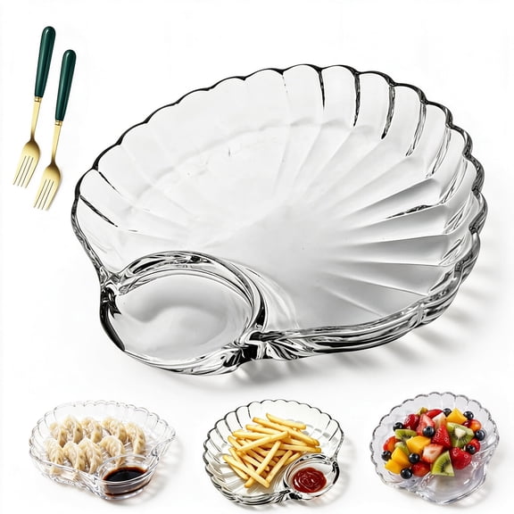 Glass Shell Dumpling Tray, Divided Serving Plate with Built-in Sauce Compartment, Elegant Seafood Sushi Dessert Dish for Wedding Party Home Kitchen Use