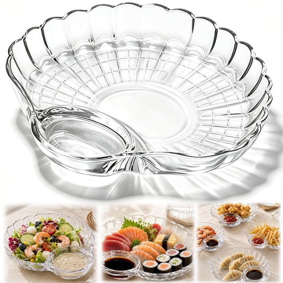 Glass Shell Dumpling Tray, Durable Material, Easy Clean, Large with Sauce Plate Snack Dessert, Elegant shaped Dish for Home Kitchen Use and Weddings