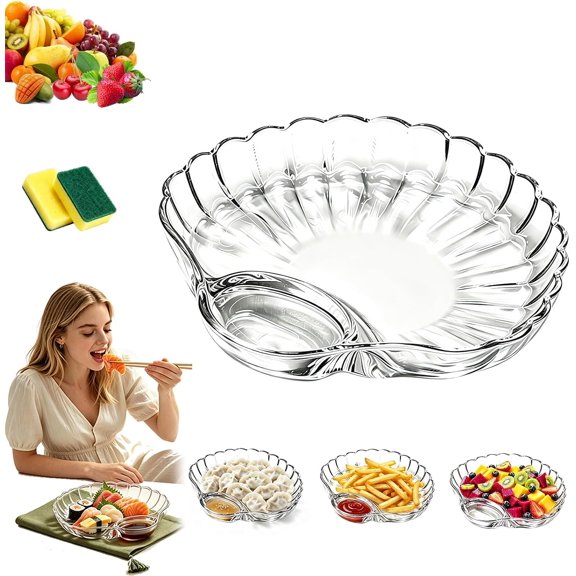 Glass Shell Dumpling Tray, Elegant Shell-Shaped Glass Serving Tray | Glass Shell-Shaped Dumpling Plate with Sauce Divider, Shell-Shaped Salad Plate for Dumplings Sushi Snacks Fruit(1pc)