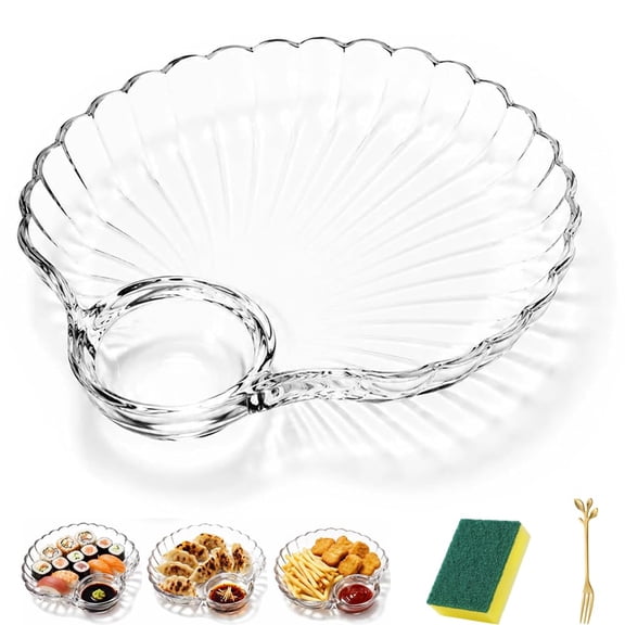 Glass Shell Dumpling Tray, Elegant Shell-Shaped Glass Serving Tray with Sauce Plate Snack Dessert, Divided Serving Plate for Dumplings, Snacks, Sushi, Seafood, Fruit and Desserts