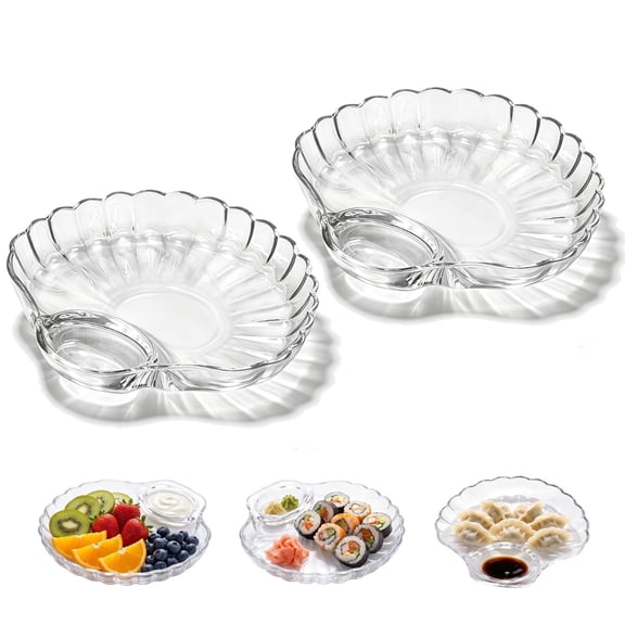 Glass Shell Dumpling Tray, Glass Shell Dumpling Tray Large with Sauce Plate Snack Dessert, Elegant shaped Dish for Home Kitchen Use and Weddings (Clear)