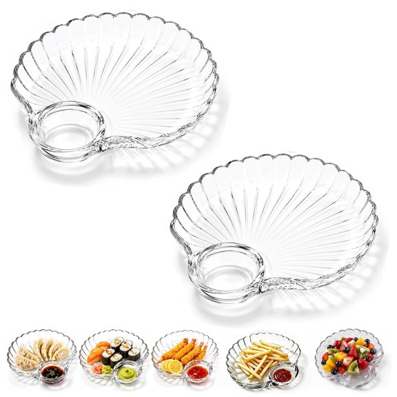 Glass Shell Dumpling Tray Large with Saucer Plate Large Snack Dessert, Elegant Shell-shaped Dish, Elegant Shell-Shaped Glass Serving Tray with Sauce Plate for Dumplings, Sushi, Snacks, Fruit