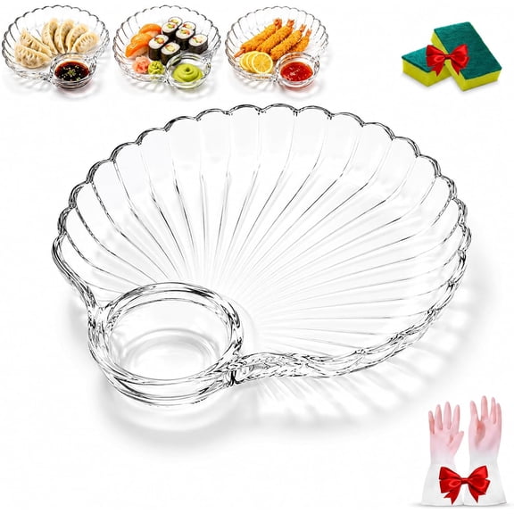 Glass Shell Dumpling Tray with Sauce Plate,Clear Glass Serving Platter1Pcs | Multifunctional and High-Capacity for Dumplings, Sushi, Snacks, Fruit, Desserts and Salad