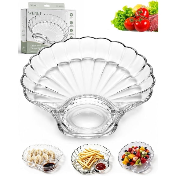 Glass Shell Dumpling Tray with Sauce Plate, Large Serving Dish | Elegant Shell-Shaped Glass Serving Tray with Sauce Plate for Dumplings, Sushi, Snacks, Fruit, Desserts and Entertaining