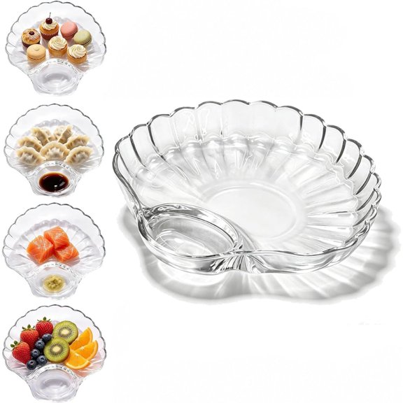 Glass Shell Dumpling Tray with Sauce Compartment, Divided Serving Plate (1pcs)