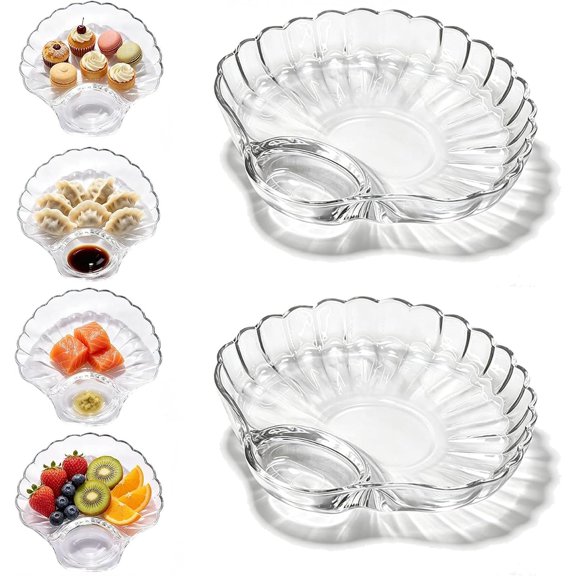 Glass Shell Dumpling Tray with Sauce Compartment, Divided Serving Plate (2pcs)