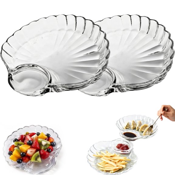 Glass Shell-Shaped Dumpling Plate, Glass Shell Dumpling Tray with Sauce Plate Snack Dessert, Dumplings Storage for Home Kitchen Use and Weddings,2pcs