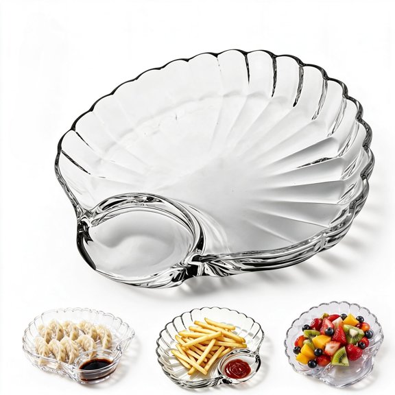 Glass Shell-Shaped Dumpling Plate, Glass Shell Dumpling Tray with Sauce Plate Snack Dessert, Dumplings Storage for Home Kitchen Use and Weddings