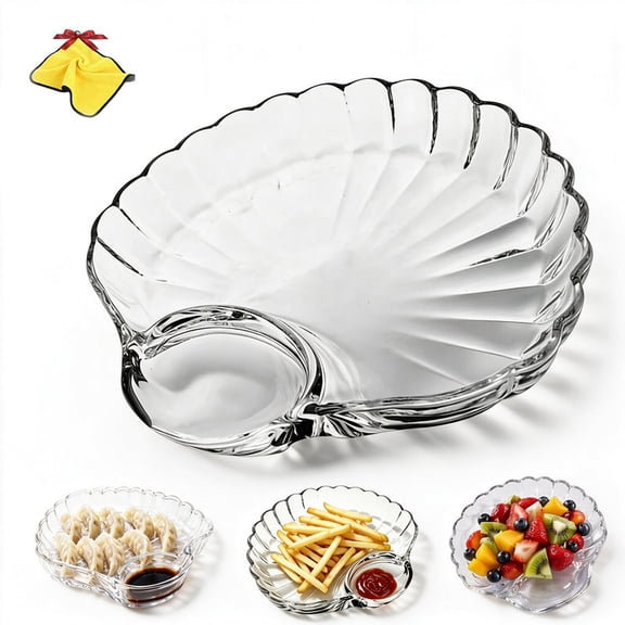 Glass Shell-Shaped Dumpling Plate, Glass Shell Dumpling Tray with Sauce Plate Snack Dessert, Dumplings Storage for Home Kitchen Use and Weddings