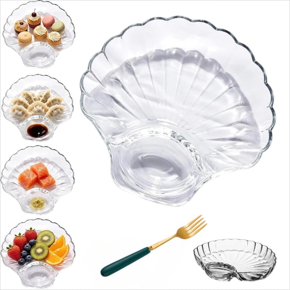 Glass Shell-Shaped Dumpling Plate, Glass Shell Dumpling Tray with Sauce Plate Snack Dessert, Dumplings Storage for Home Kitchen Use and Weddings