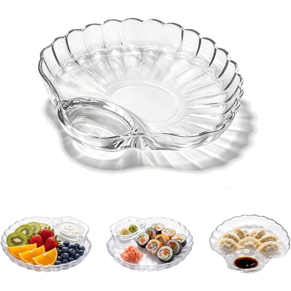 Glass Shell-Shaped Dumpling Tray, Elegant Serving Dish with Built-in Sauce Compartment for Kitchen and Dining