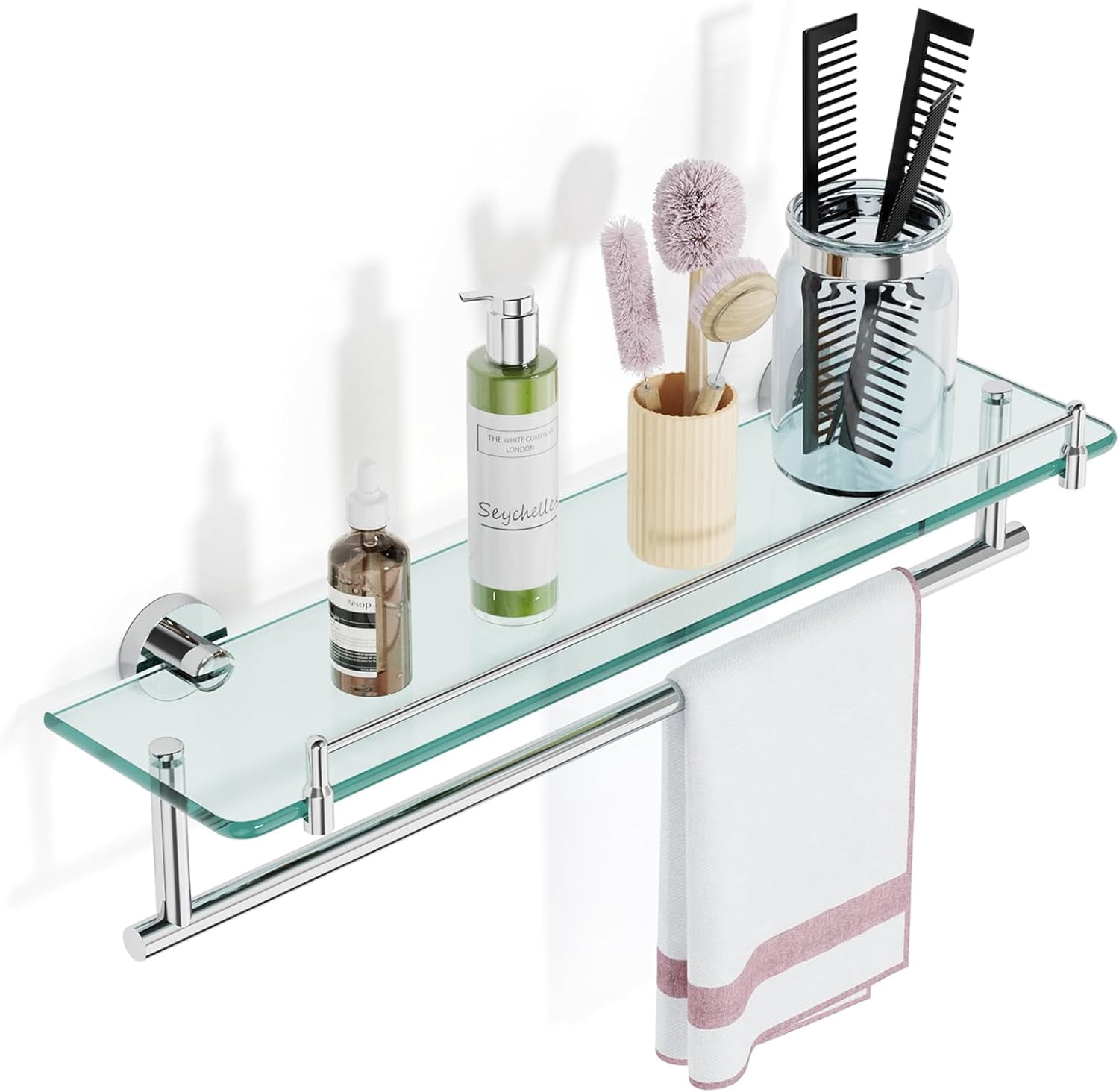 Glass Shelves for Bathroom with Towel Bar,20-Inch Chrome Polished Glass ...