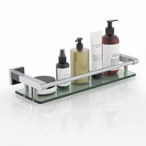 Glass Shelves for Wall, Chrome Stainless Steel & Tempered Glass Glass Shelf for Bathroom, Shelf Sink Over Toilet Bathroom Organizer (16-inch, Polished)