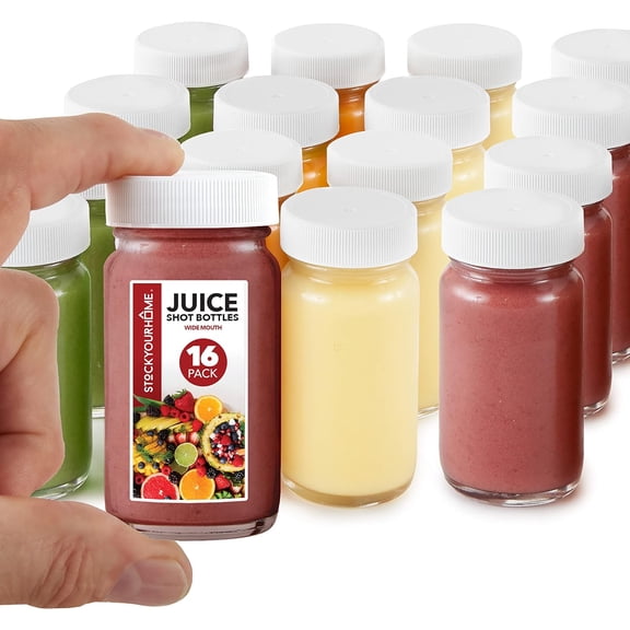 Glass Shot Bottles with Caps (16 Pack) 2 Oz Juice, Wellness, or Ginger Shots Bottle - Leak Proof, Dishwasher Safe, Mini Jars with Plastic Lids - Reusable Small Juicing Containers