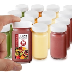 Glass Shot Bottles with Caps (16 Pack) 2 Oz Juice, Wellness, or Ginger Shots Bottle - Leak Proof, Dishwasher Safe, Mini Jars with Plastic Lids - Reusable Small Juicing Containers, Stock Your Home