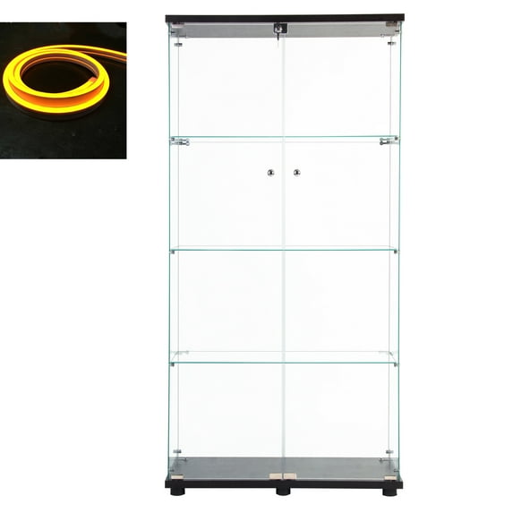 Glass Showcase, Black, 4 Shelves, Remote Control Display Showcase With Led , Safer &