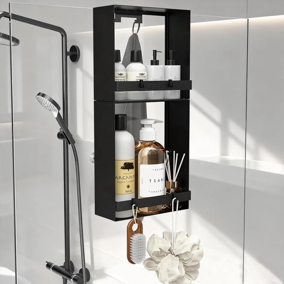 Over the Glass Shower Caddy Hanging, 2 Tier Stainless Steel Rustproof Shower Organizer Over Door with Removeable 4 Hooks & 2 Suction Cup, Bathroom Organizers and Storage Rack, Bathroom Decor