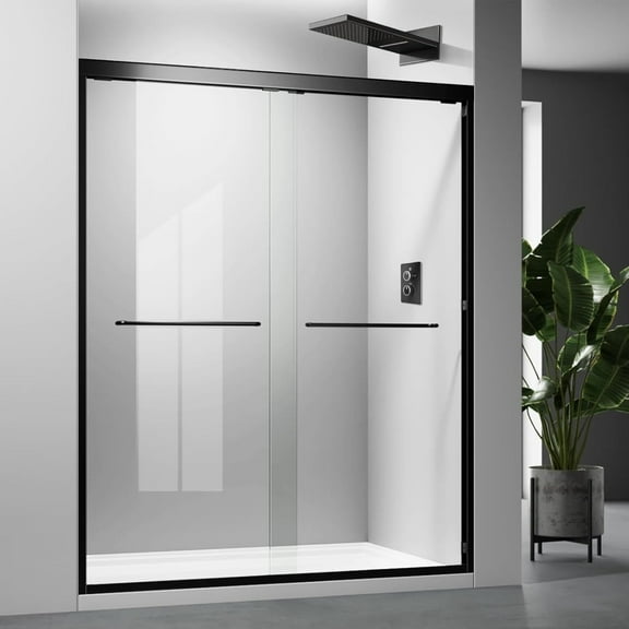Glass Shower Door,Matte Black 56-60 inch W x 72 inch H Semi-Frameless Sliding Door,Bypass Bathroom Door with 1/4'' Clear Tempered Glass Panel,Stainless Steel Hardware Double Handles Framed