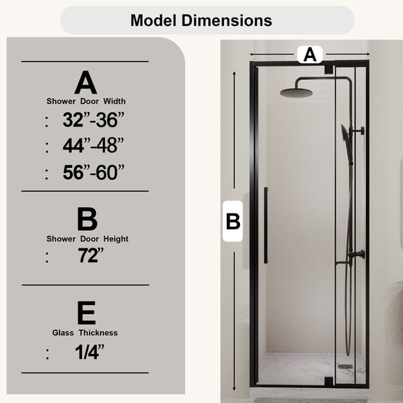 Glass Shower Door, Semi-Frameless Pivot Hinged Glass Shower Door 32-36 in. W x 72 in. H,1/4" (6mm) Tempered Glass, Matte Black Finish, Reversible Glass Shower Door, Black Shower Door