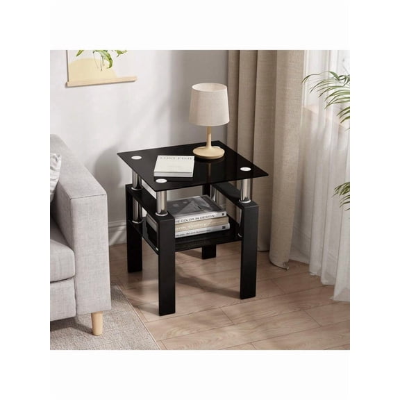 Glass Side Table 2-Tier Modern Glass Top Corner Table Living Room Side Table With Metal Leg For Living Room, Dining Room, Bedroom
