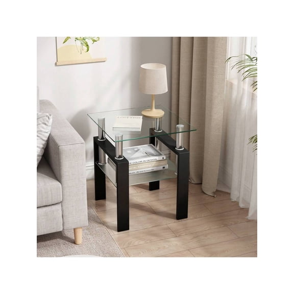 Glass Side Table 2-Tier Modern Glass Top Corner Table Living Room Side Table With Metal Leg For Living Room, Dining Room, Bedroom