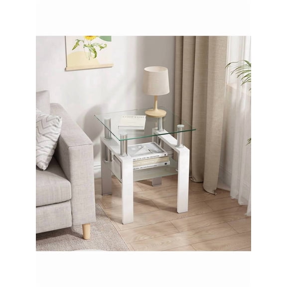 Glass Side Table 2-Tier Modern Glass Top Corner Table Living Room Side Table With Metal Leg For Living Room, Dining Room, Bedroom