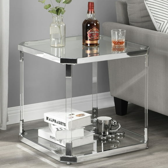 Glass Side Table-Silver Chrome End Table Clear Acrylic Nightstand for Living Room Bedroom
