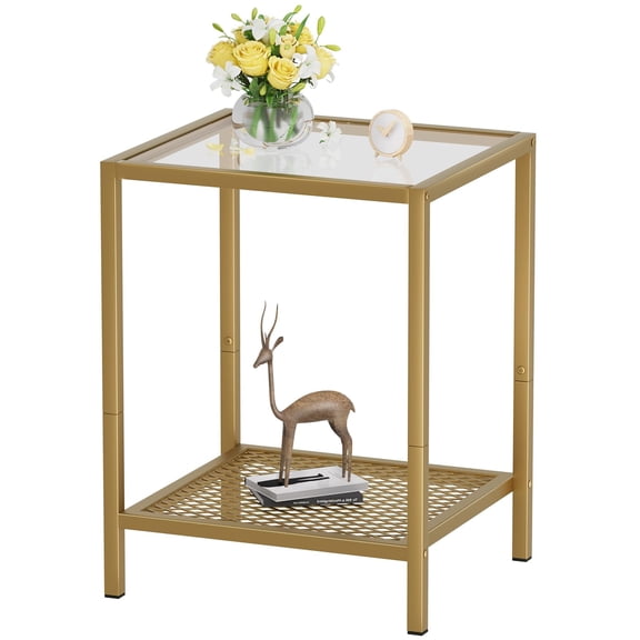 Glass Side Table Small Gold End Table for Narrow Space 2-Tier Square Nightstand with Storage,13.3" x 11.8" x 19.7",Modern Bed Side Table with Metal Frame for Bedroom Living Room, Easy Assembly
