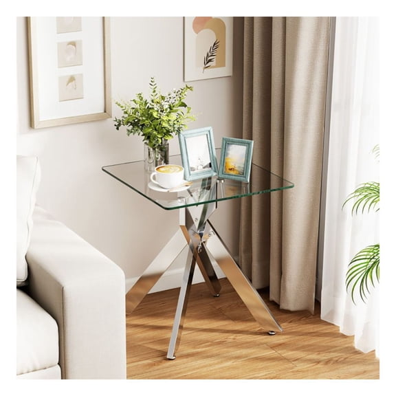 Glass Side Table, Square End Table with Metal X Base, Tempered Glass Top, Living Room/Bedroom, 20x20x22.5 inch, Silver