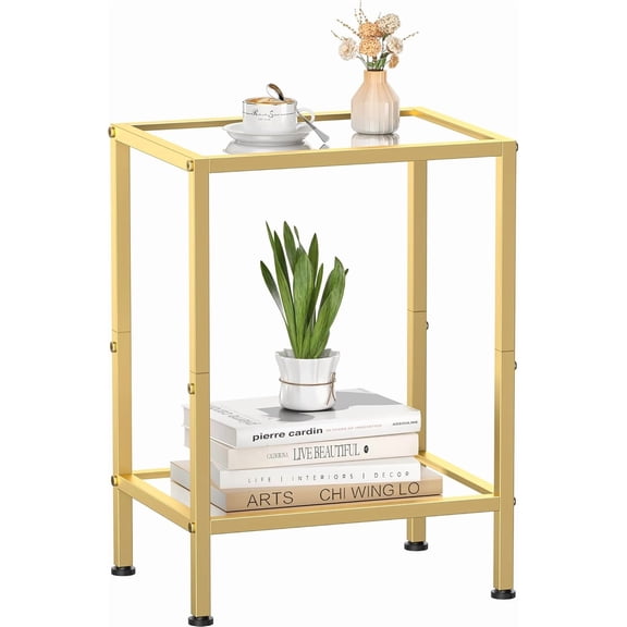 Glass Side Table, Tempered Glass End Table, 2-Tier Nightstands with Open Shelves, Small Coffee Table with Modern Style, Accent Table Small Table Sofa Table for Living Room, Bedroom,Gold