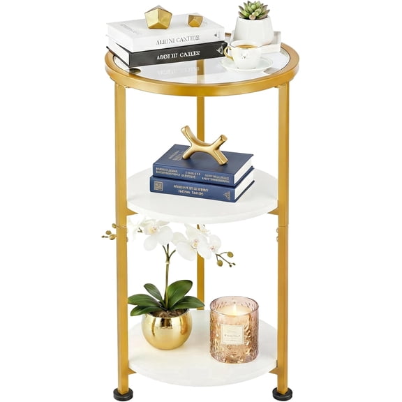 ZEXVIDA Glass Side Table, Tempered Glass Small Round Side Table with 3-Tier Storage Shelves for Small Spaces, Modern Glass Round End Table for Living Room, Bedside Nightstand for Bedroom (White+Gold)