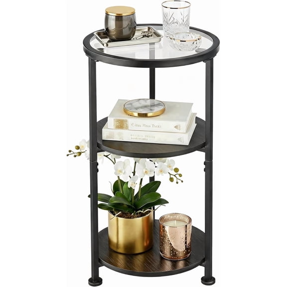 ZEXVIDA Glass Side Table, Tempered Glass Small Round Side Table with 3-Tier Storage Shelves for Small Spaces, Modern Glass Round End Table for Living Room, Bedside Table Nightstand for Bedroom(Black)