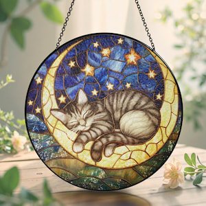 Glass Sleeping Cat Moon Suncatcher, Blue Starry Sky Window Hanging, Cat Lover Home Decor Gift, 3.5 in