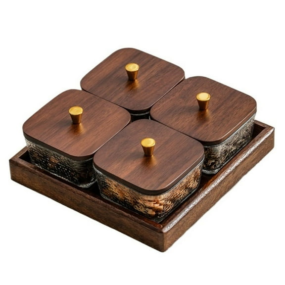 Glass Snackle Box Container Snack Organizer with Walnut Wooden Lids and Tray Divided Serving Tray for Nuts Candy