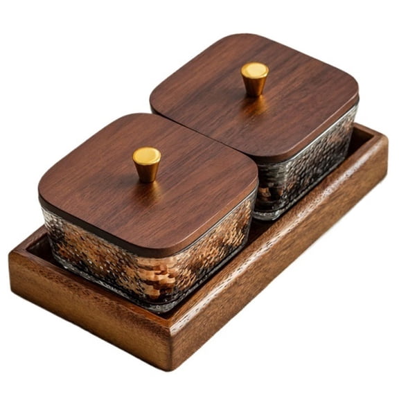Glass Snackle Box Container Snack Organizer with Walnut Wooden Lids and Tray Divided Serving Tray for Nuts Candy