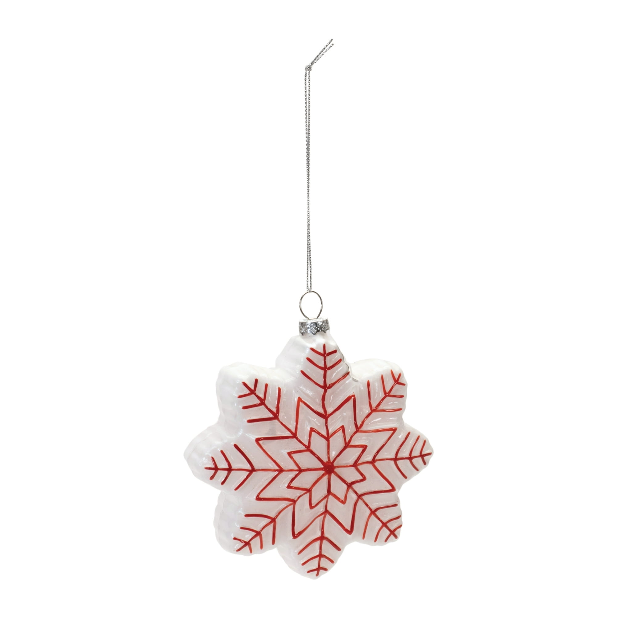 Set of 12 Wintry White and Red Glass Snowflake Ornaments