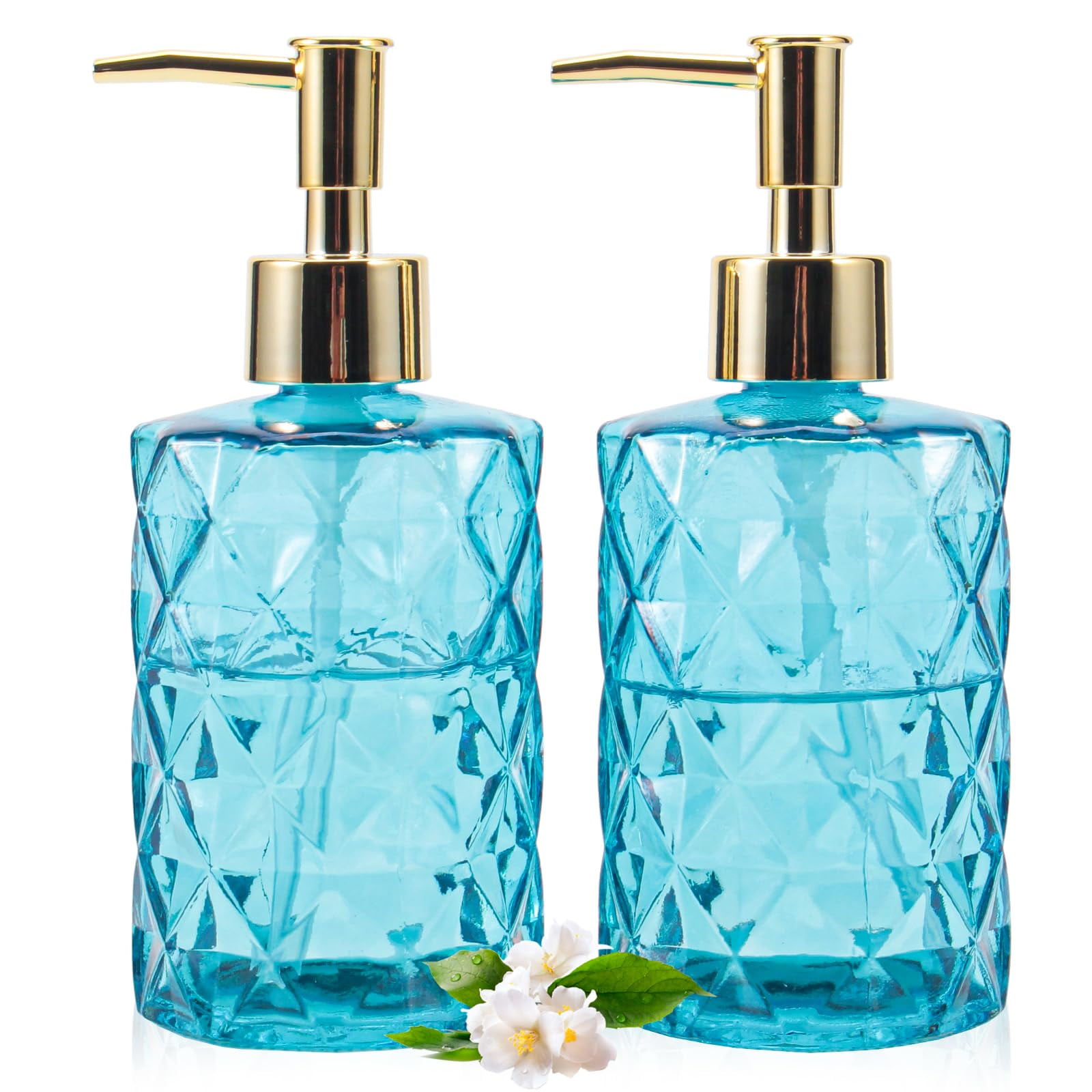 Glass Soap Dispenser - 2 Pack,12 Oz Diamond Design Glass Refillable